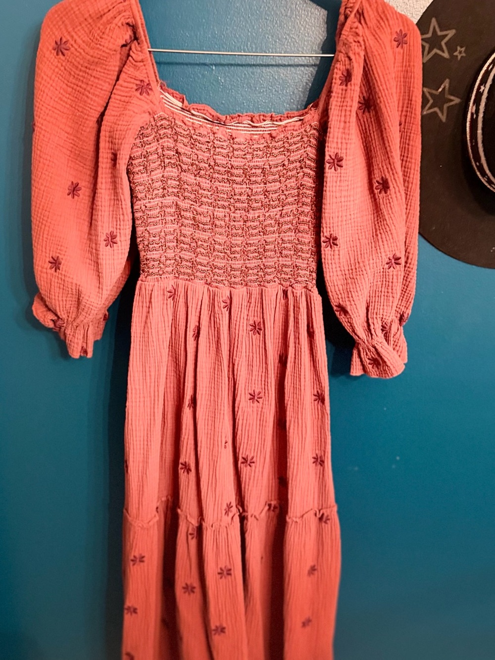 Smocked Puff Sleeve Midi Dress in Dusty Rose with Embroidered Flowers